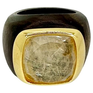 Fascinating 18k Yellow Gold, Wood and Rutilated Quartz Ring - Picture 1 of 15