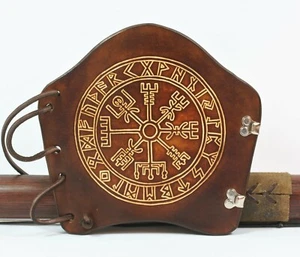 Arm protection archery leather brown compass runes arch cuff VEGVISIR Viking - Picture 1 of 8