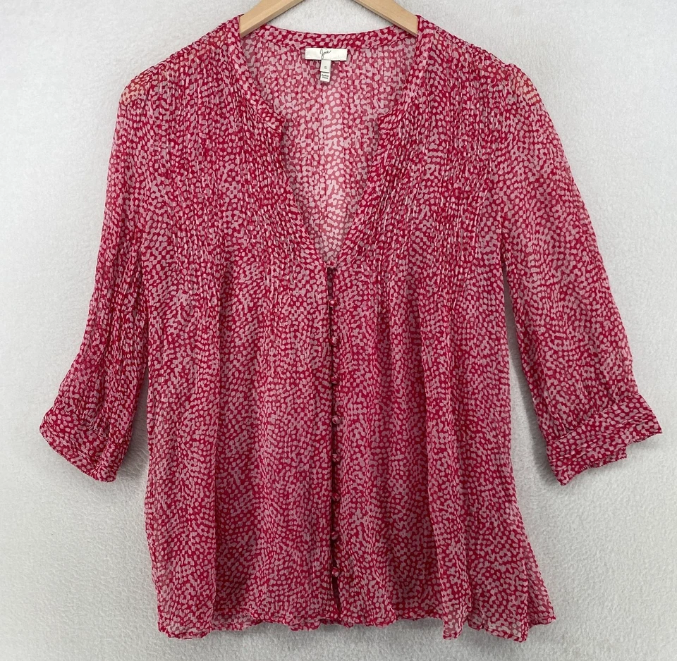 JOIE Top S Silk Chiffon Print Blouse Sheer Pintuck Button Front 3/4 Sleeve Pink - Image 1 of 4