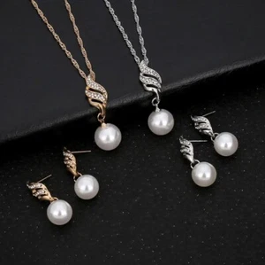 UK Women Ladies Vintage Pearl Jewelry Necklace Drop Earrings Set Wedding Gift - Picture 1 of 15