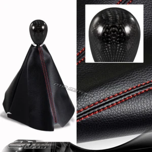JDM PVC Leather Red Stitch Manual Shift Boot + T-R Carbon Fiber Shifter Knob - Picture 1 of 8