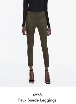 ZARA Pants Women's Size L Khaki Brown Faux Suede High Waisted Leggings Ankle Zip - Image 1 of 4