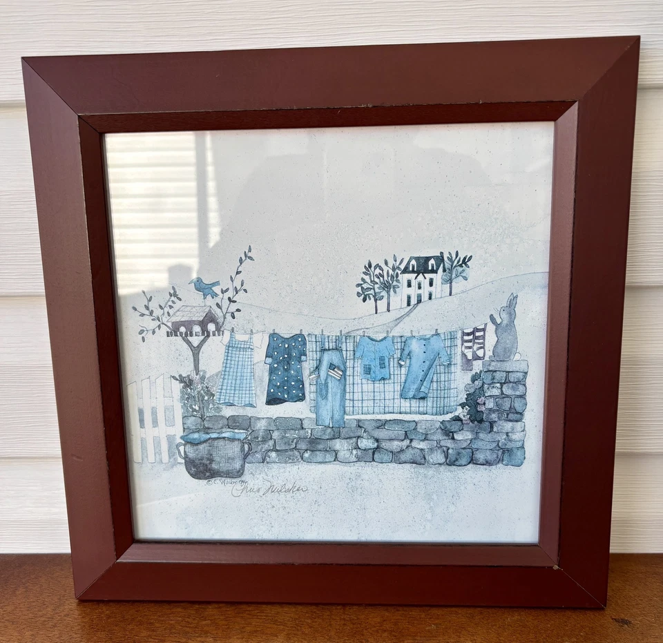 Cottagecore Folk Art Clothesline Scene Signed Watercolor Print Framed C. Wilsker - Image 1 of 4