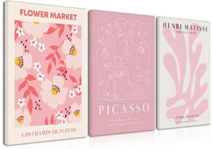 Matisse Picasso Pink Canvas Wall Art Framed Set of 3 Abstract Flower Market P... - Picture 1 of 7