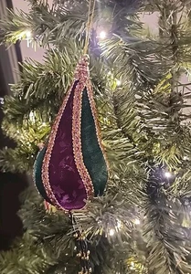 Vintage Handarbeit gesteppt Stoff Träne Weihnachtsschmuck 10" grün lila Perlen - Bild 1 von 9