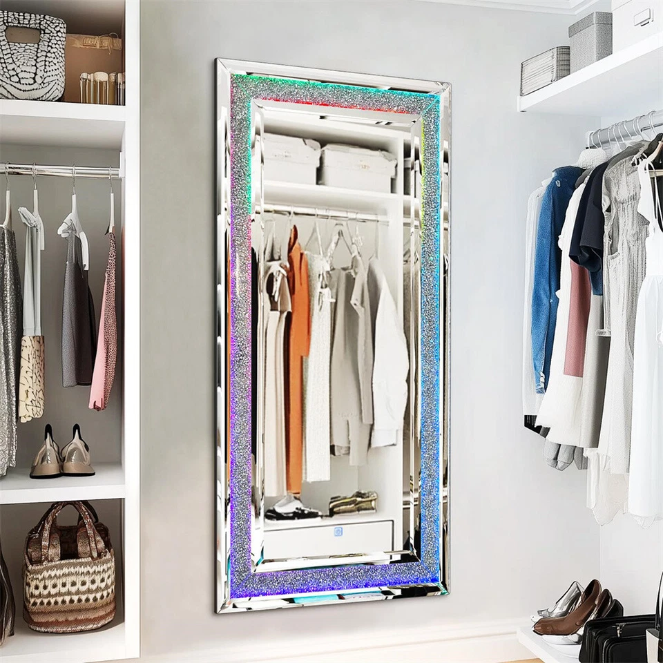 Espejo de longitud completa 48 pulgadas con luces LED RGB espejo de cuerpo completo con incrustación de diamante aplastado Foto 1 de 4