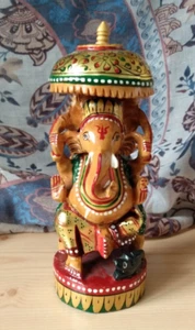 VINTAGE INDIA HANDPAINTED WOODEN GANESHA ELEPHANT HINDU GOD STATUE - Picture 1 of 15