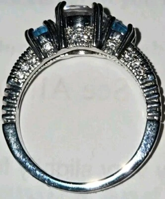 Anillo Topacio Azul y Blanco Talla-7.5 Joyería Fina 18k Latón Con 3x Oro Blanco 14k Foto 1 de 3