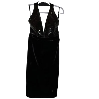 Venus Halter Neck Sequin Top Black Dress Size S Velvet Bottom And Neck Plunge - Image 1 of 4