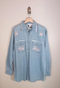 Vintage Infinity Fashions Western Floral Cowgirl Embroidered Denim Blouse Size L - Bild 1 von 6