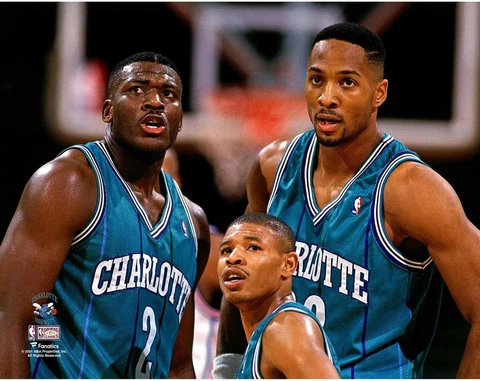 Alonzo Mourning Hornets Unsigned with Larry Johnson and Muggsy Bogues Photograph Cover