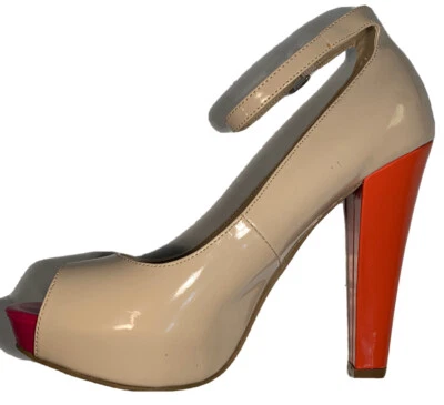 By Guess High 5” Heel Open Toe Ankle Strap Patent Beige Orange & Pink Sz 7.5M - Image 1 of 4