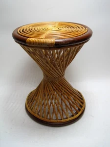Vintage 60s Boho Tiki Round Woven Wicker Rattan Bamboo End Table Plant Stand - Picture 1 of 4