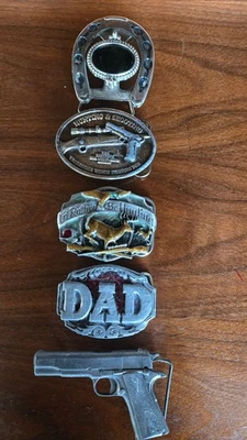 批量 (5) 件 复古皮带 BUCKLES SISKIYOU、HORSESHOE、NRA、手枪、狩猎 美国制造 — 第 1/4 张图片