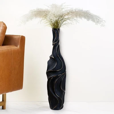 Jarrón de piso hecho a mano de resina - Jarrones marrones de 22,83" de alto con patrones de ondas doradas,... Foto 1 de 4