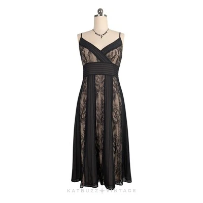 Vestido de cóctel midi de encaje 12 negro tostado ilusión Y2K Babydoll glamour clásico invitado Foto 1 de 4