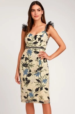 Vestido midi Lulus bordado malha tamanho G bege floral lantejoulas babado alça peça - Imagem 1 de 4