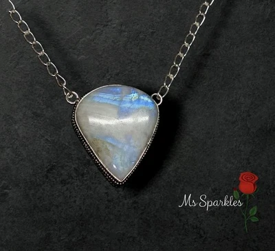 Deslumbrante collar de piedras lunares de plata de ley 925 de 18" con piedras preciosas grandes 4607 Foto 1 de 4