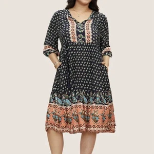 Abito Bloomchic Boho Floreale Tg 22-24 Lunghezza Ginocchio Fluido Festival Nappa Navy Nuovo con etichette - Foto 1 di 15