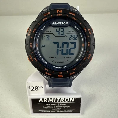 Armitron Mens Watch WR 330ft Dual Time Chronograph Instalite Blue/Orange - image 1 of 4