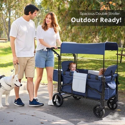Folding Baby Stroller Wagon for 2 Kids with Adjustable Handle & Canopy Organizer - Image 1 of 4
