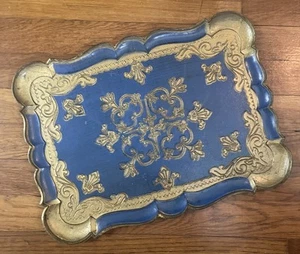 Vintage Italy Florentine Tray 16”Ornate Scalloped Edges Gilt Gold Blue - Foto 1 di 10