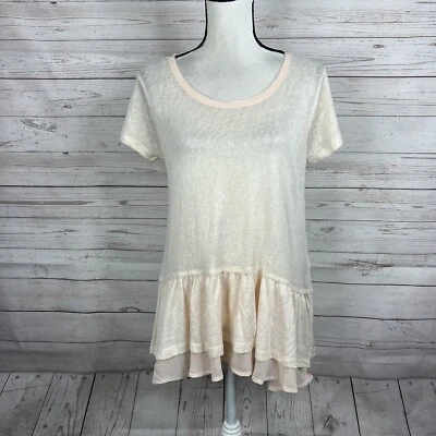 Blusa feminina Kori America peplum tamanho pequeno creme com acabamento rosa bainha em camadas - Imagem 1 de 4