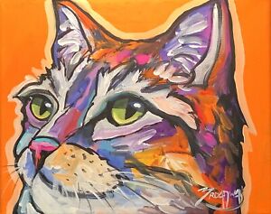 Broadway Original Expressionism Acrylic Canvas 8x10 in. Colorful Cat painting 