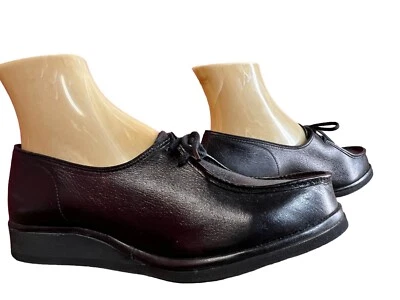 NOS 7.5 EW Black Vtg 70s Shoes Leather Wedge Heel Soft Petals Tie 7.5 Extra Wide - Image 1 of 4