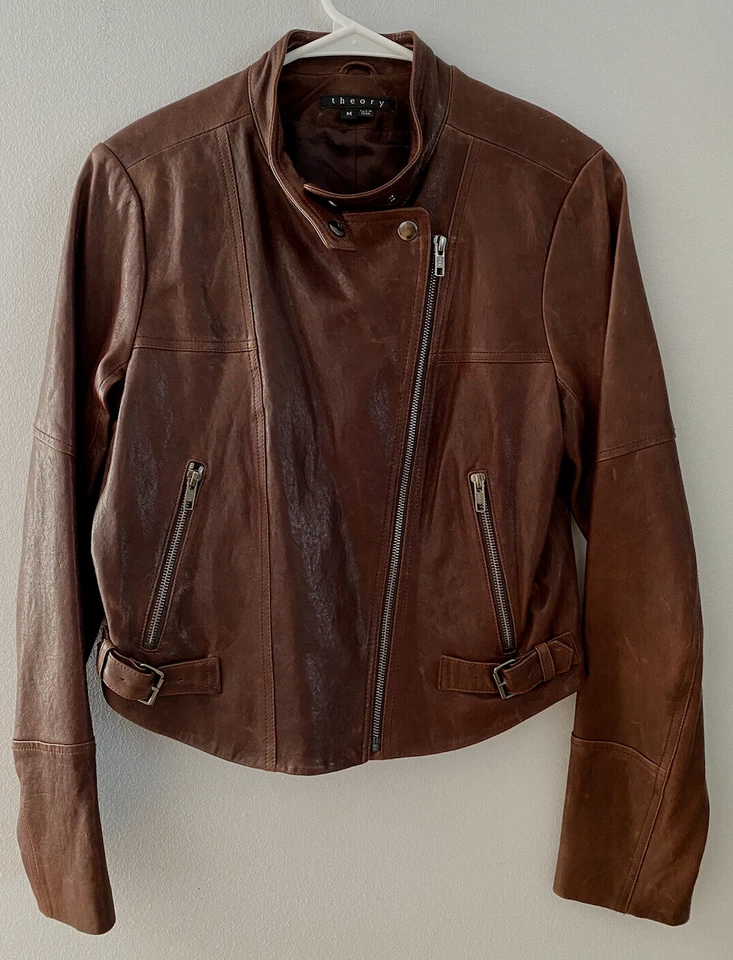 Theory Moto Lamb Leather Jacket Brown Lined Assymetrical Zipper Women's Size M - Image 1 of 4
