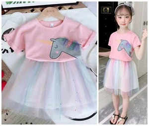NEW Unicorn Girls Short Sleeve Shirt Rainbow Tutu Skirt Outfit 3T 4T 5T 6 7 - Picture 1 of 5