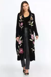 Johnny Was Meriah Velvet Duster Coat Long Floral Embroidery Jacket Black Top NEW - Picture 1 of 11