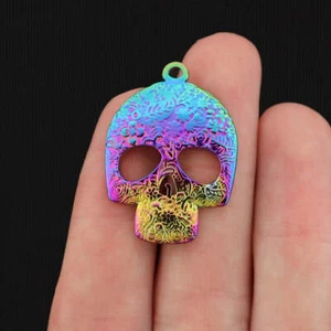 Floral Pattern Skull Rainbow Electroplated Stainless Steel Charm - SSP047 - Picture 1 of 1