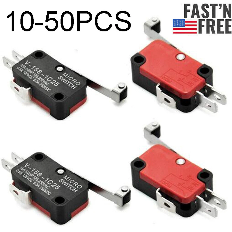 V-156-1C25 Limit Micro Switch Long Straight Hinge Roller Momentary SPDT 10-50PCS - Image 1 of 4