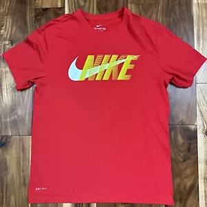 Mens NIKE Dri-Fit Crew Neck Short-Sleeve T-Shirt MEDIUM Red w/ Gold/White Logo - Picture 1 of 7