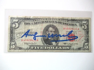 A. WARHOL: 5$ echte Dollarnote  in Farbe blau Original SIGNIERT VON WARHOL - Bild 1 von 4
