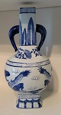 Jarrón Chinoiserie Asiático Dragones Grande Tres Manos Cuerpo Cerámica Azul Blanco Decoración Foto 1 de 4