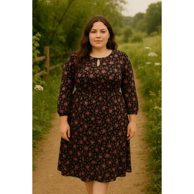 Vestido Leota Iman Mujer 1X Floral Negro Midi Cabaña Campesino Boho Carrera Oficina Foto 1 de 4