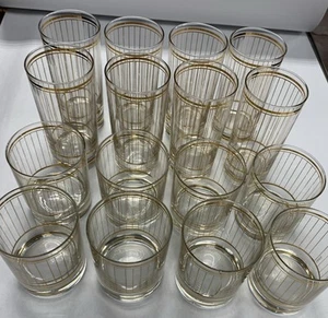 Vintage MCM Culver Glassware Gold Striped Detail Complete Drinking Glass Set 16 - Picture 1 of 8