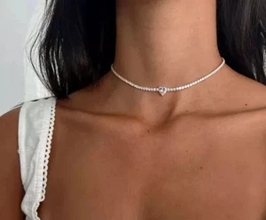 8 kt Herz Lab Created Diamant Damen Tennis Halskette 16" 14k Weißgold plattiert - Bild 1 von 3