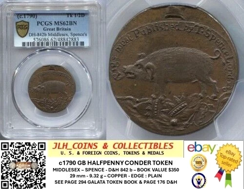 c 1790 GB Conder Halfpenny - MIDDLESEX - SPENCE - PIG MEAT - D&H 842 b - ECG 001 - Image 1 of 4