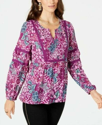 Style & Co Womens Top Purple Size 1x Plus Pintuck Floral Split-neck 511