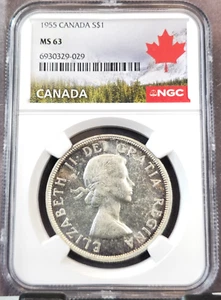 1955 CANADA SILVER 1 DOLLAR ELIZABETH II NGC MS 63 RARE MINT STATE LOW MINTAGE - Picture 1 of 3