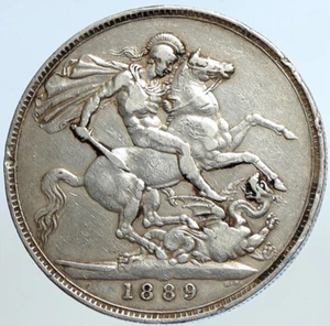 1889 GREAT BRITAIN Queen Victoria SAINT GEORGE Horse Silver Crown Coin i113275 - Picture 1 of 3