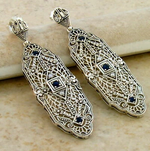 EDWARDIAN STYLE GENUINE SAPPHIRE & PEARL 925 SILVER FILIGREE EARRINGS 149X - Picture 1 of 1