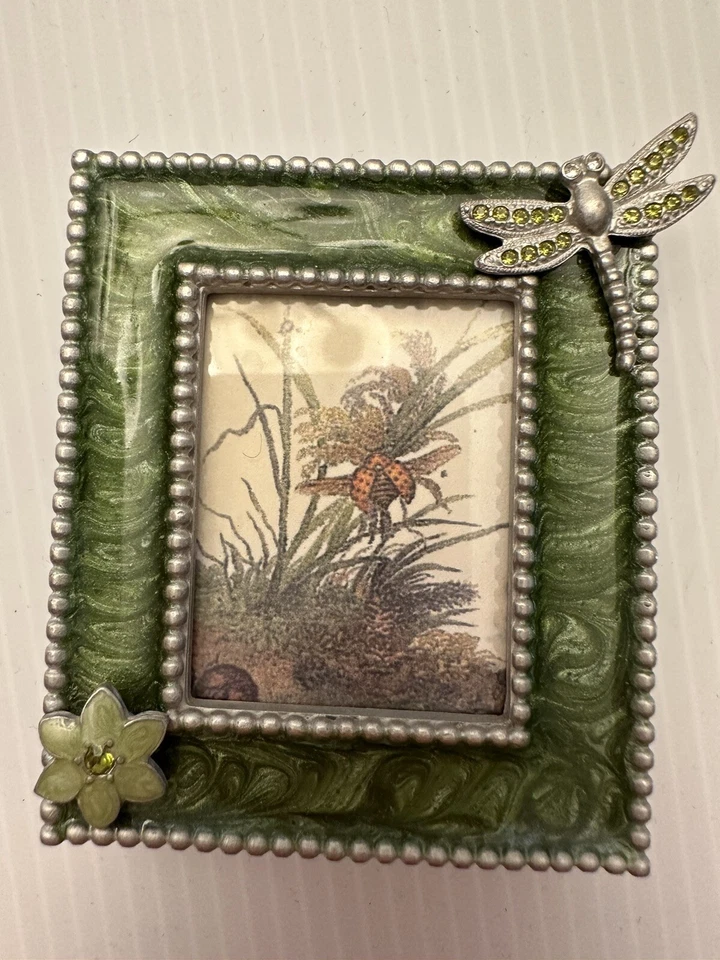 Anthropologie?绿色蜻蜓水钻搪瓷和锡框 2 3/8 英寸 x 2 3/4 — 第 1/4 张图片