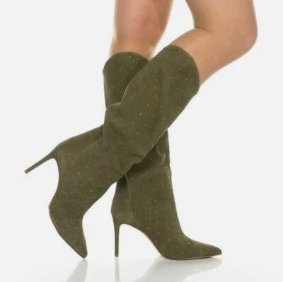Nib Schutz Suede Aspen Green Maryana Studs Heel Pull On Boots Size 5 - Image 1 of 4
