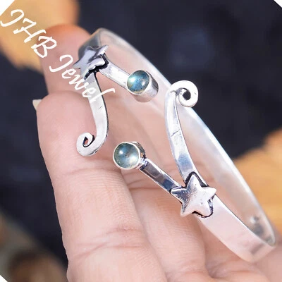 Blue Fire Labradorite Gemstone 925 Sterling Silver Bangle Cuff For Girlfriend - Image 1 of 4