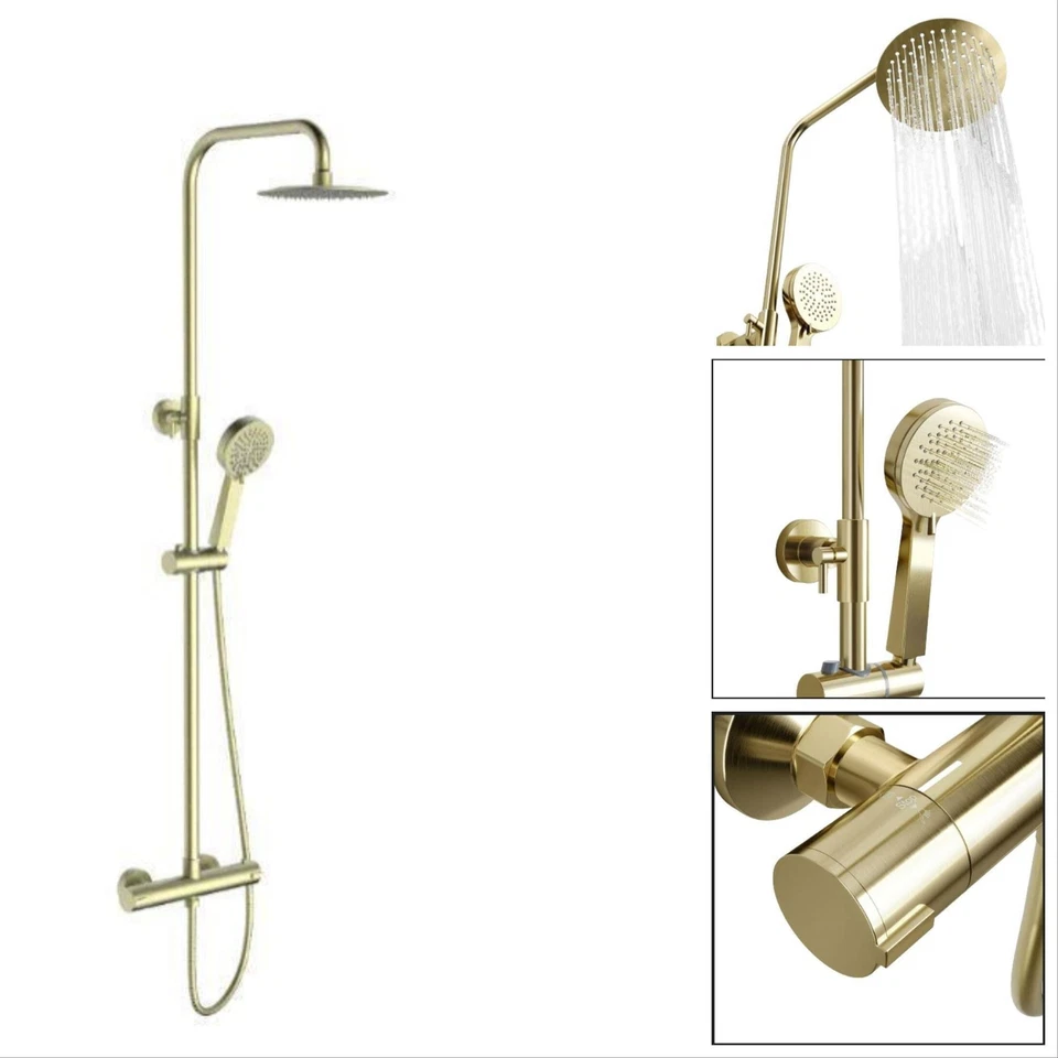 BATH SUPERMARKET Brushed Brass Round Thermostatic Shower Rigid Riser Mixer Valve