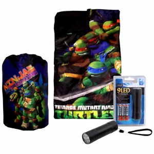 Ninja Turtles Camping Slumber Sleeping Bag Sleepover Backpack + LED Flashlight - Picture 1 of 4